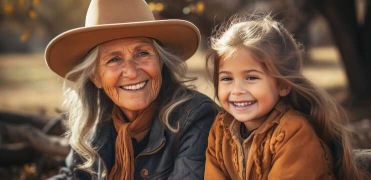 Cute little girl and her grandmother in cowboy hats are looking at camera and smiling while spending time together outdoors