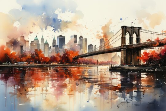 Fototapeta Watercolor evening sunset over the Brooklyn Bridge in New York. Urban landscape. Generative AI