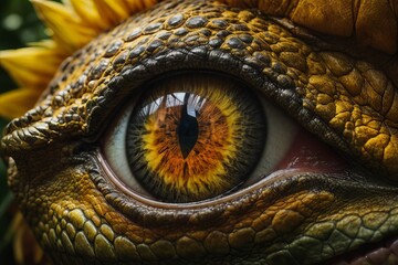 Dinosaur eye close-up. Yellow dinosaur eye.