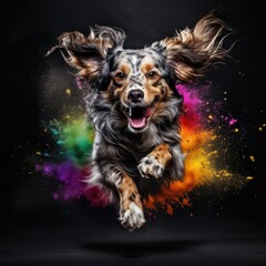 Photo the dog jumps in colors on a black background
