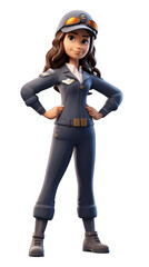 Full size of young woman pilot in uniform isolated on white background. Generative AI