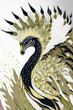 Black , white and gold coloured digital painting of peacock ,Cubism Inspired Bohemian Style , fantasy theme , printable art , wall art , wall paper ,poster , generative ai
