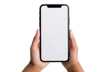 Top view of woman holding smartphone with white screen isolated on white background. Generative AI