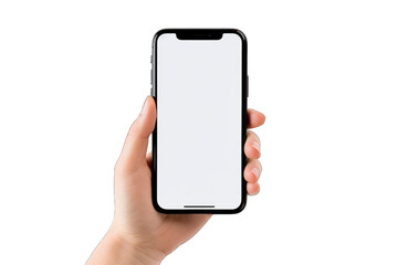 woman hand holding smartphone with white screen isolated on white background. Generative AI