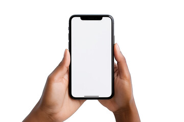 Top view of woman holding smartphone with white screen isolated on white background. Generative AI