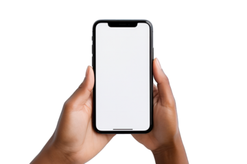 Top view of woman holding smartphone with white screen isolated on white background. Generative AI