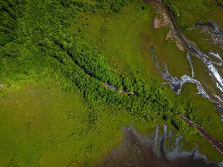 Aerial top down view over a park with a green pond on a sunny day on Long Island, NY