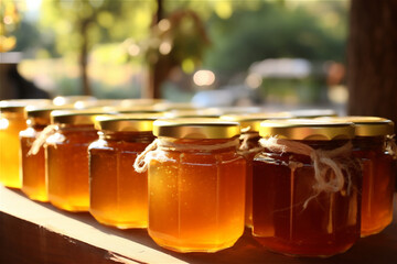 Honey jars outside. Close-up. Healthy organic thick honey