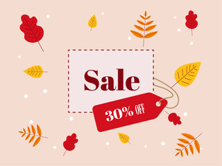 Sale 30% off. Banner with special sale five percent off vector illustration with autumn leafs on background