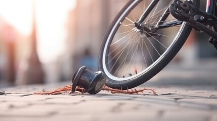 Naklejka premium Road accident scene with destroyed bike. Bicycle crash on roadside illustration. Outdoor urban background with copy space.