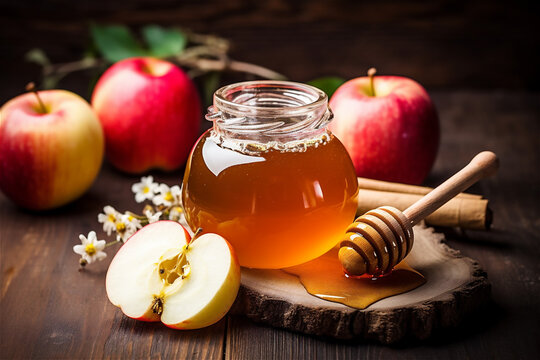 Honey jar, honey dipper and apples on a table.