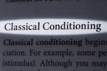 Close-up of the term classical conditioning highlighted on paper background