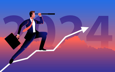 Businessman using telescope on a graph chart, with the bold text 2024 as the backdrop. An  image reflecting the optimism and opportunities of the coming year
