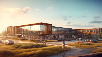 School building exterior, generative ai