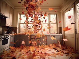 Autumn leaves falling inside the house, generative ai concept of autumn mood