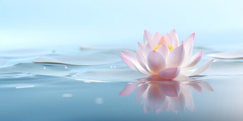 Lotus flower on the water surface with reflection and blue background. Water lily on the surface with a mirrored reflection.