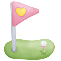 Green golf course with pink flag and yellow heart on it with golf ball is placed on a cone against the grass isolated on transparent background 