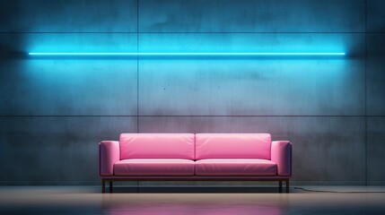 Generative AI, Modern neon minimalistic interior, blue and pink colors, sofa, table and plants