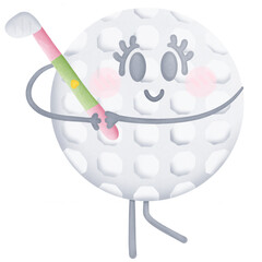 A cartoon golf ball holding golf club and hitting golf isolated on transparent background 