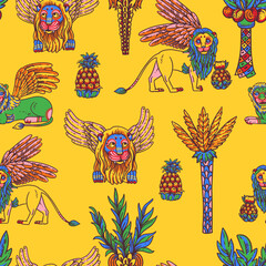 Vivid colorful lions tropical seamless pattern,  with pineapple, palm tree