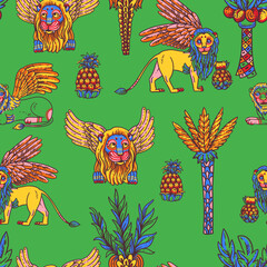 Vivid colorful lions tropical seamless pattern,  with pineapple, palm tree