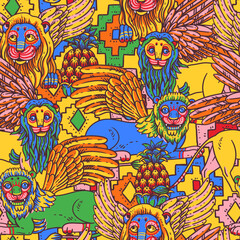 Vivid colorful lions tropical seamless pattern,  with pineapple, palm tree