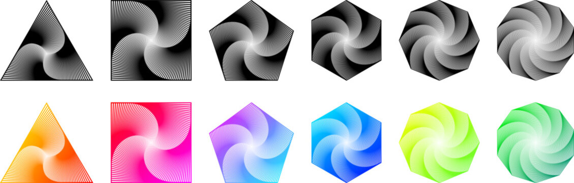 Spiral polygon geometrical shapes. Triangle quadrilateral square pentagon hexagon octagon and decagon.