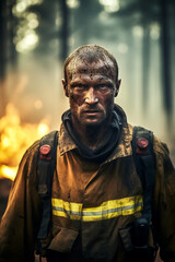Fototapeta premium Generative AI illustration of a firefighter putting out a fire in the forest surrounded by flames