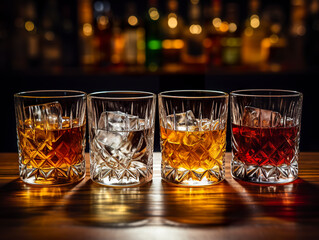A collection of mixed bourbon whiskey concoctions, elegantly presented in low glasses, adorning a table of indulgence. Selection of flavored bourbon whiskey cocktails.