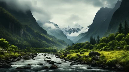 Tuinposter Generative AI. Landscape with mountains and river © TrySmartArt