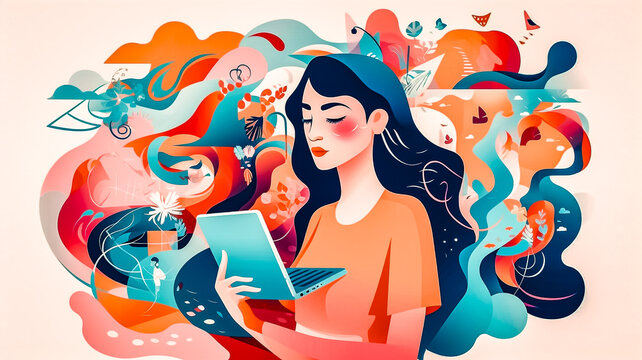 Illustration d'une femme utilisant son ordinateur portable - G&eacute;n&eacute;rative IA