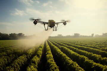 Generative Ai illustration of Drone flying and spraying crop fields with ecological and sustainable pesticides