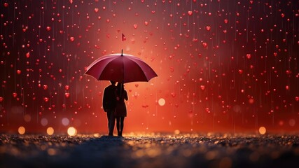Couple holding an red umbrella in rainy night, raindrops and wedding wishes for love that's refreshing, layout for wedding marriage wishes and celebration background with copy space for text
