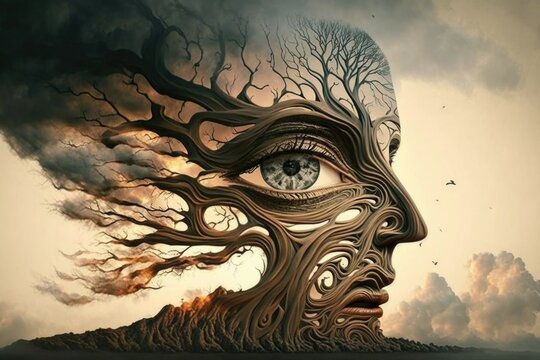 Conceptual image with a human head made of tree roots and cloudy sky