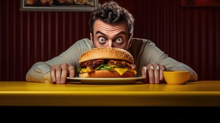 Hungry man craving to eat a hamburger. A very hungry guy. Diet concept. created with Generative AI...