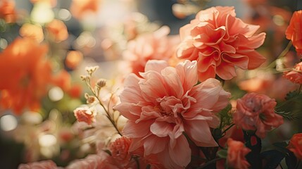 An elegant and unique realistic photograph of a serene garden with peach-pink richly blooming flowers. Exclusive floral background. Generative AI. 