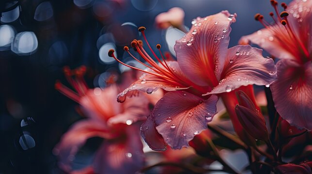 A visually stunning macro shot of red exotic lily flowers fresh after rain, creating a dreamy and elegant atmosphere. Floral exclusive celebration card, wedding, fashion, events. Generative AI. 