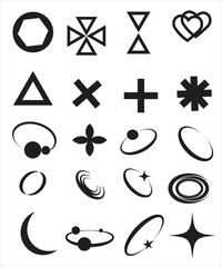 Retro futuristic elements for design. Big collection of abstract graphic geometric symbols and objects in y2k style.