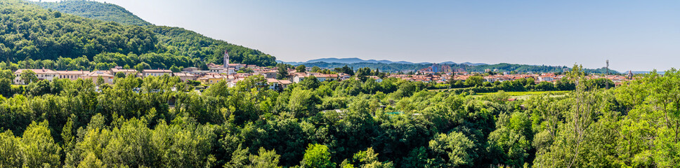 Fototapeta na wymiar A panorama view across the town of Solkan in Slovenia in summertime