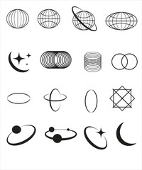 Retro futuristic elements for design. Big collection of abstract graphic geometric symbols and objects in y2k style.