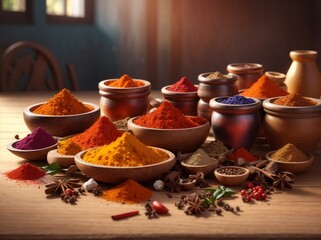 Indian colorful spice, spice on the wooden table condiment, chili, Indian, herb, turmeric, organic, curry