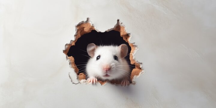 Cute Hamster peeking out of a hole in wall, torn hole, empty copy space frame, mockup. Generative AI image weber.