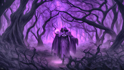Standing amid a gloomy wilderness of barren trees is a mystery witch wearing a purple chaotic energy cloak and radiating a strong energy.