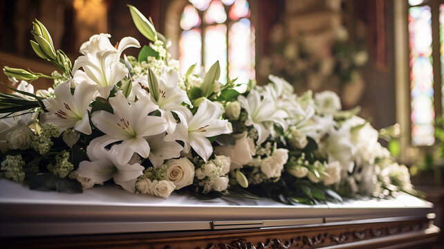 Funeral white wooden handmade coffin church cathedral service floral decoration white lily flowers bouquets