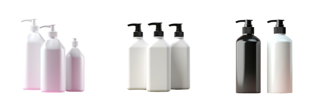 Mockup of package with white plastic bottles for shampoo or liquid laundry detergent and black pump head isolated