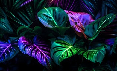 Tropical exotic seamless pattern with neon light color banana leaves, palm on night dark background.