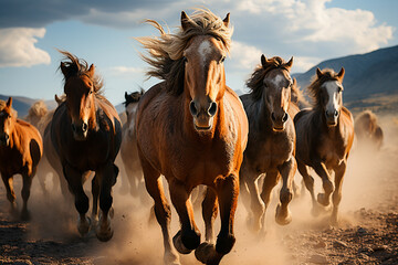 group of wild horses running in the desert.