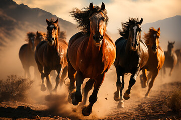 group of wild horses running in the desert. - obrazy, fototapety, plakaty
