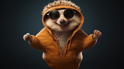 A hopping hedgehog in a hoodie and sunglasses, bouncing to the rhythm with adorable energy. Animal illustration, fairy tale image. Generative AI.  - obrazy, fototapety, plakaty