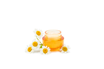 Jar of body and hand cream with chamomile flower isolated on white background. Herbal dermatological cosmetic hygiene cream. Natural cosmetic product. Beauty concept. Cosmetic tube.MOCKUP.